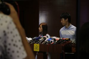 Youngpiration's Yau Wai-ching and Sixtus Leung Chung-hang meet the press.