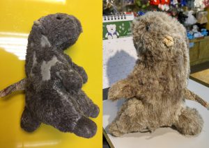 Before and after a soft toy rabbit is “healed”.